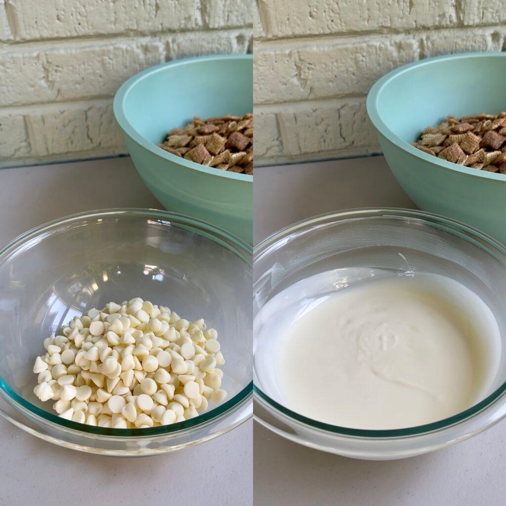 Close-up shot of hands mixing apple crisp puppy chow in a large bowl