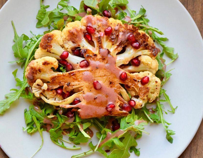 cauliflower steak with arugula salad and balsamic glaze