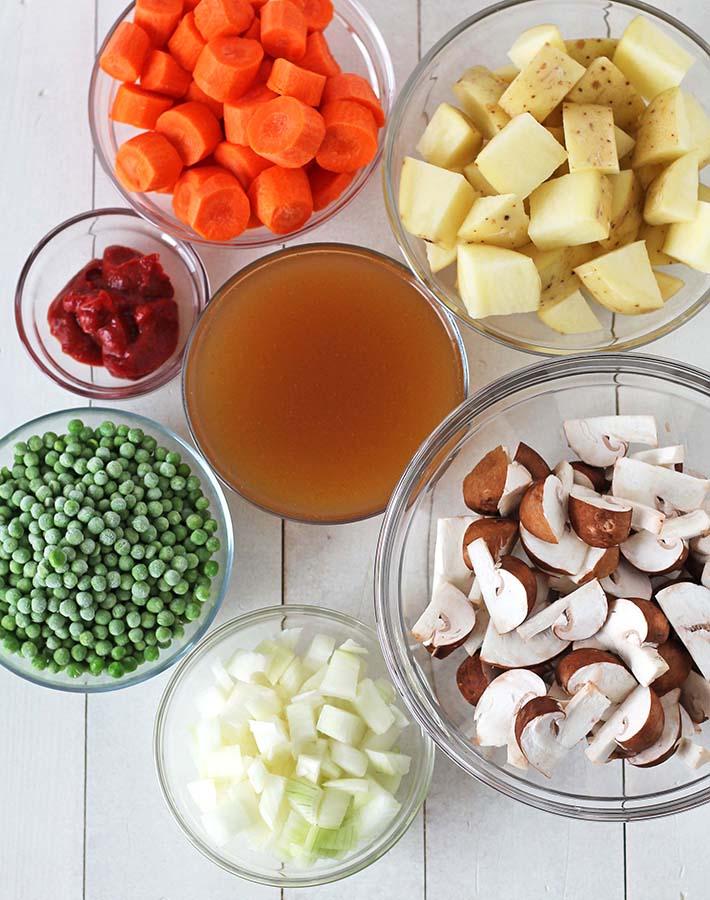 overhead shot of ingredients for hazelnut and mushroom stew