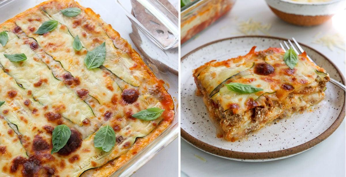 Finished zucchini lasagna, sliced and served