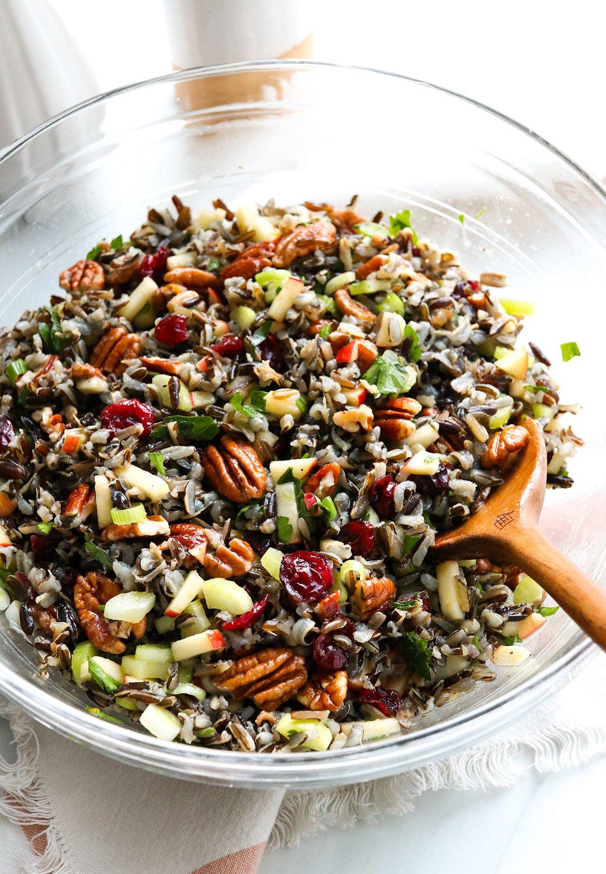 Close-up shot of Wild Rice Salad with Dried Cranberries and Pecans showcasing the texture of the ingredients