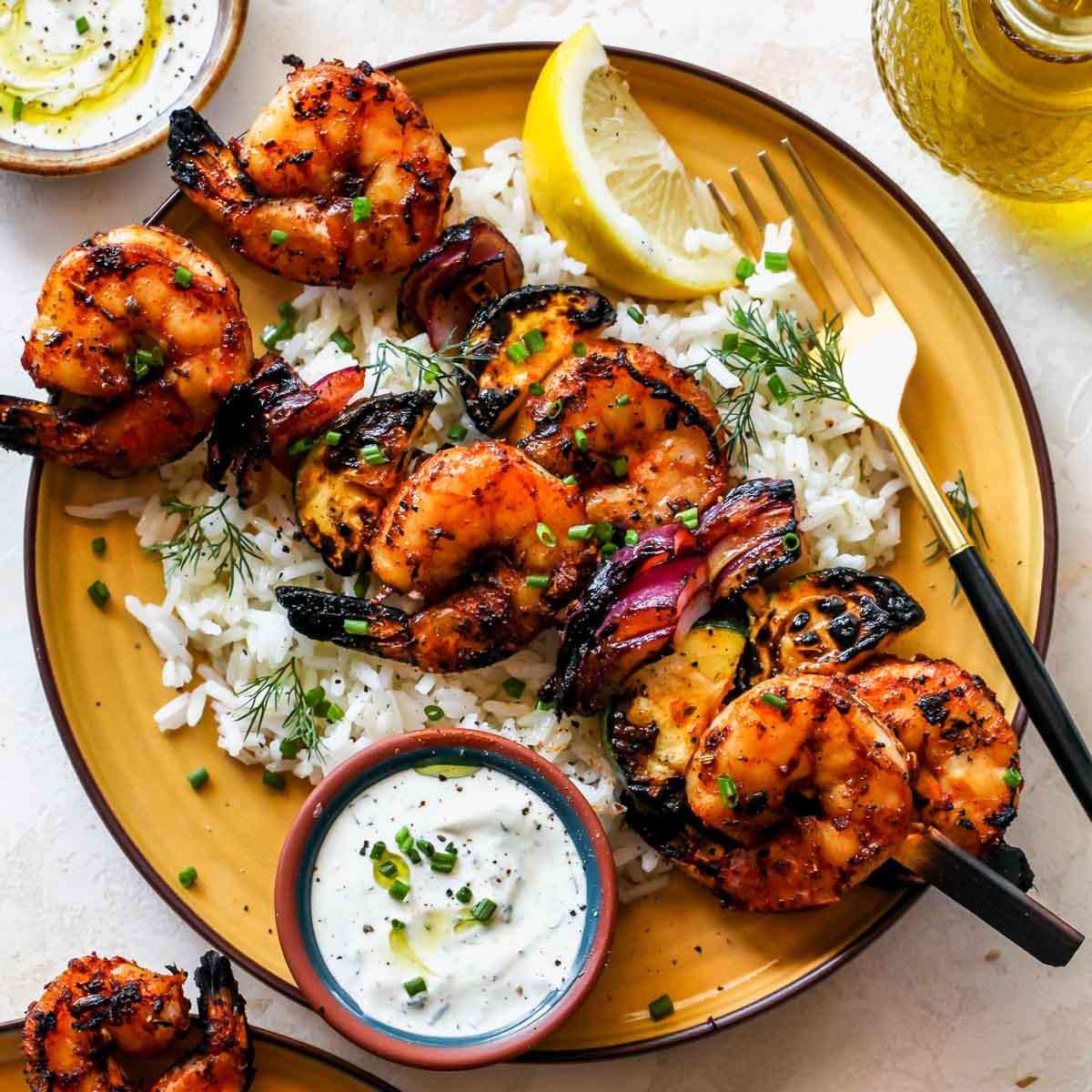 Sumac and Lemon Shrimp and Dill Kebabs on a Grill