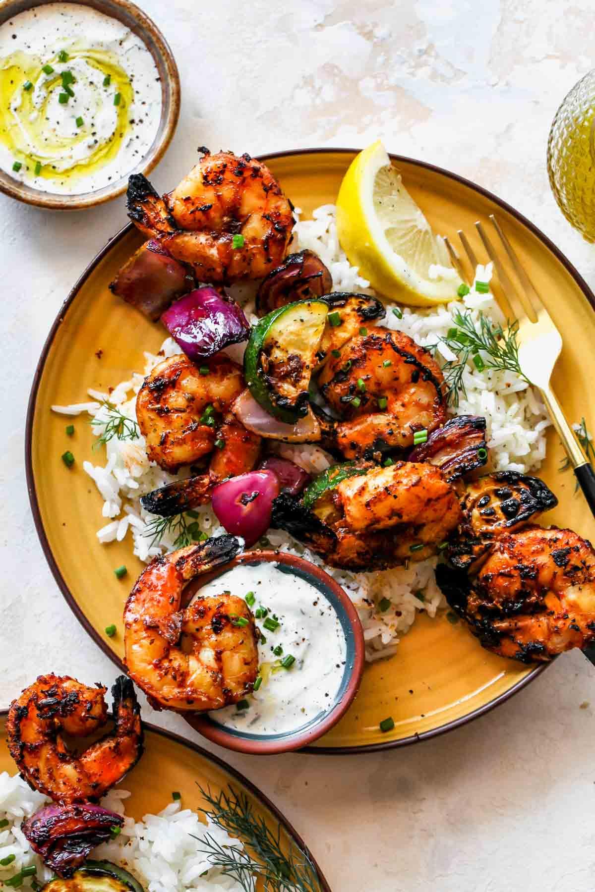 Sumac and Lemon Shrimp and Dill Kebabs Cooked and Plated