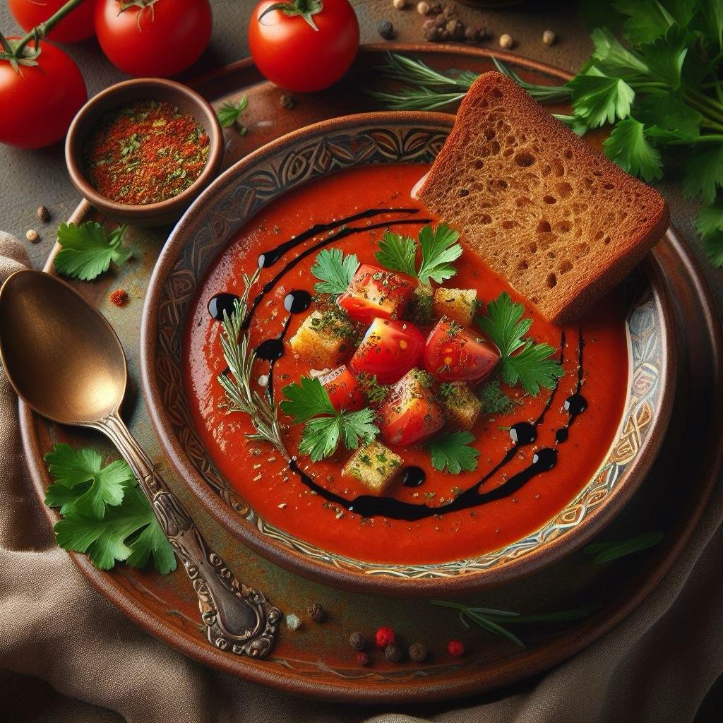 Close up of a bowl of gazpacho garnished with fresh herbs and a drizzle of balsamic glaze