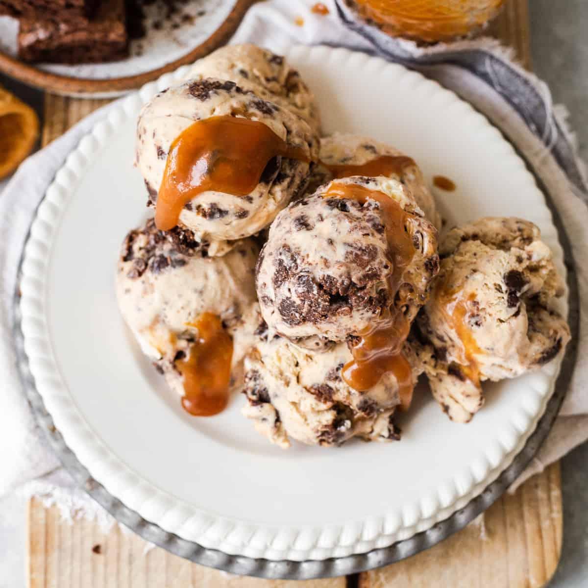 scoops of salted caramel brownie ice cream in a bowl