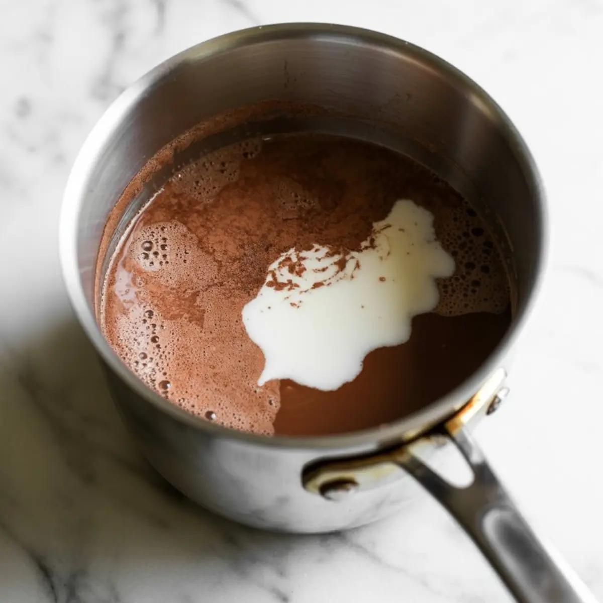 Hand pouring warm milk into a saucepan with melted dark chocolate and cocoa powder, creating a swirl