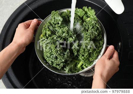 close-up of kale leaves being washed in a sink