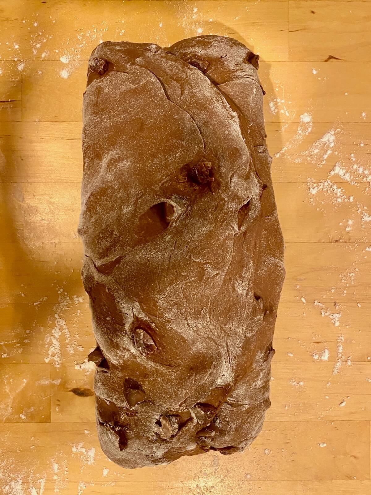 Close-up shot of the inside crumb of chocolate cherry sourdough bread