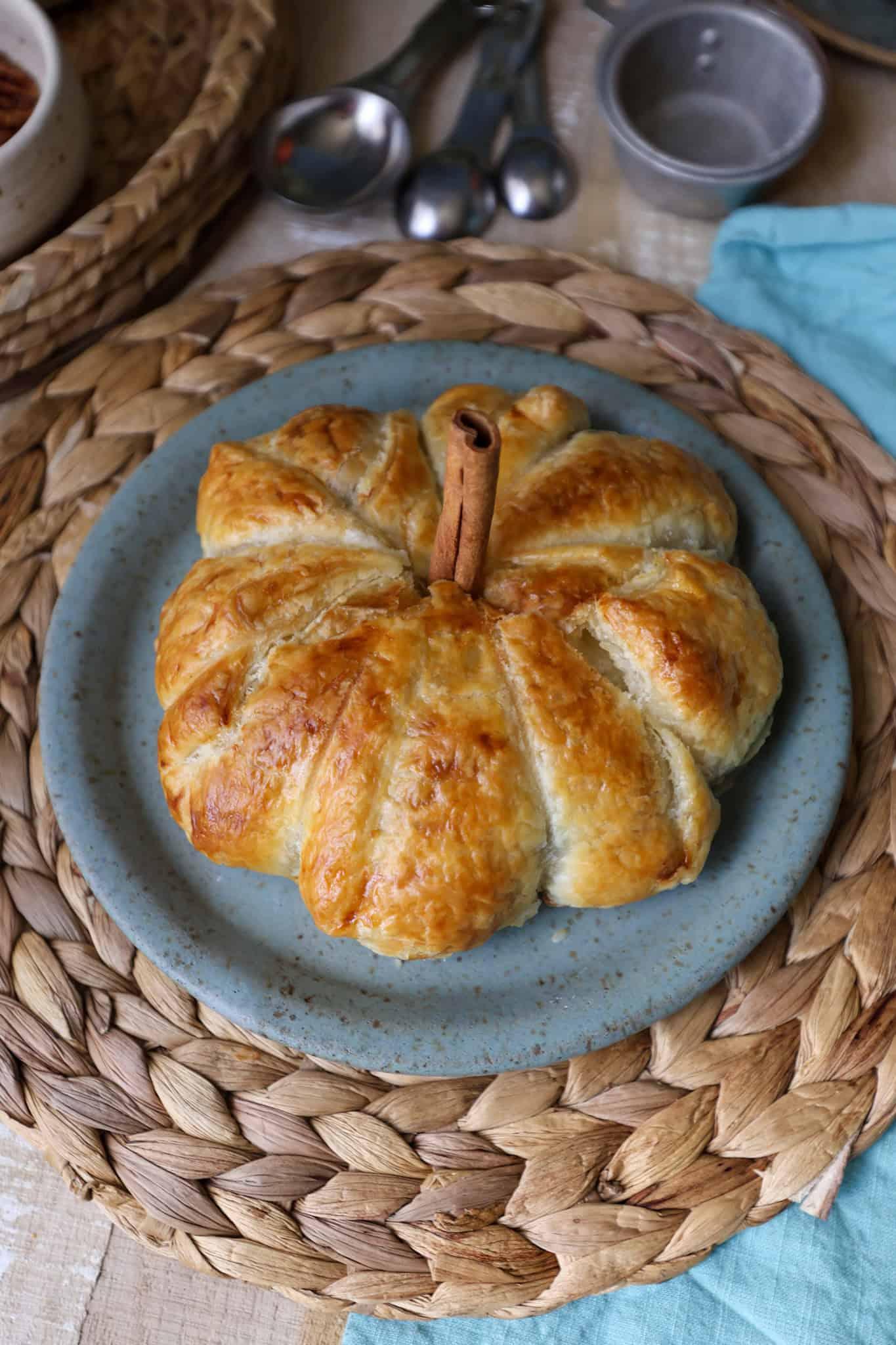 close-up of a warm apple pumpkin brie galette with flaky crust