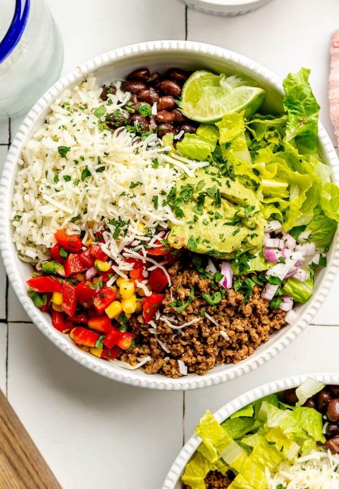 plant-based meatball burrito bowl with cilantro-lime rice