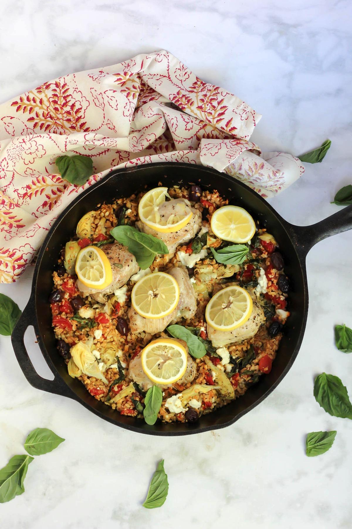 Mediterranean chicken skillet with cauliflower rice