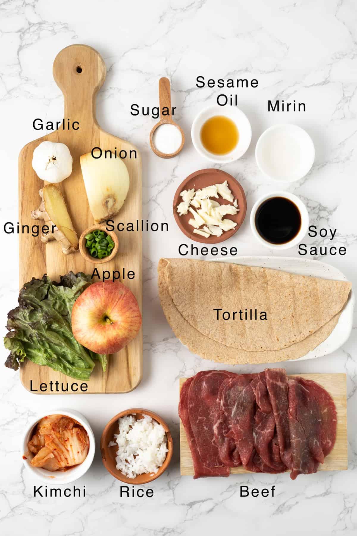 Ingredients laid out for Kimchi Bulgogi Burrito