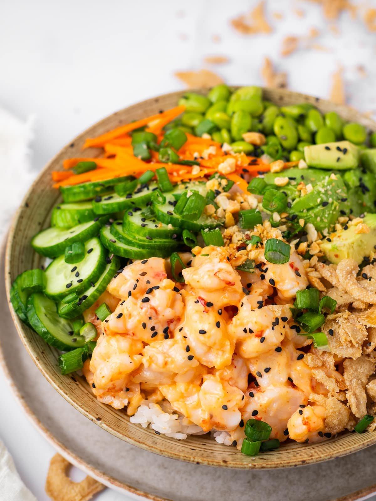 sesame garlic shrimp poke bowl close up