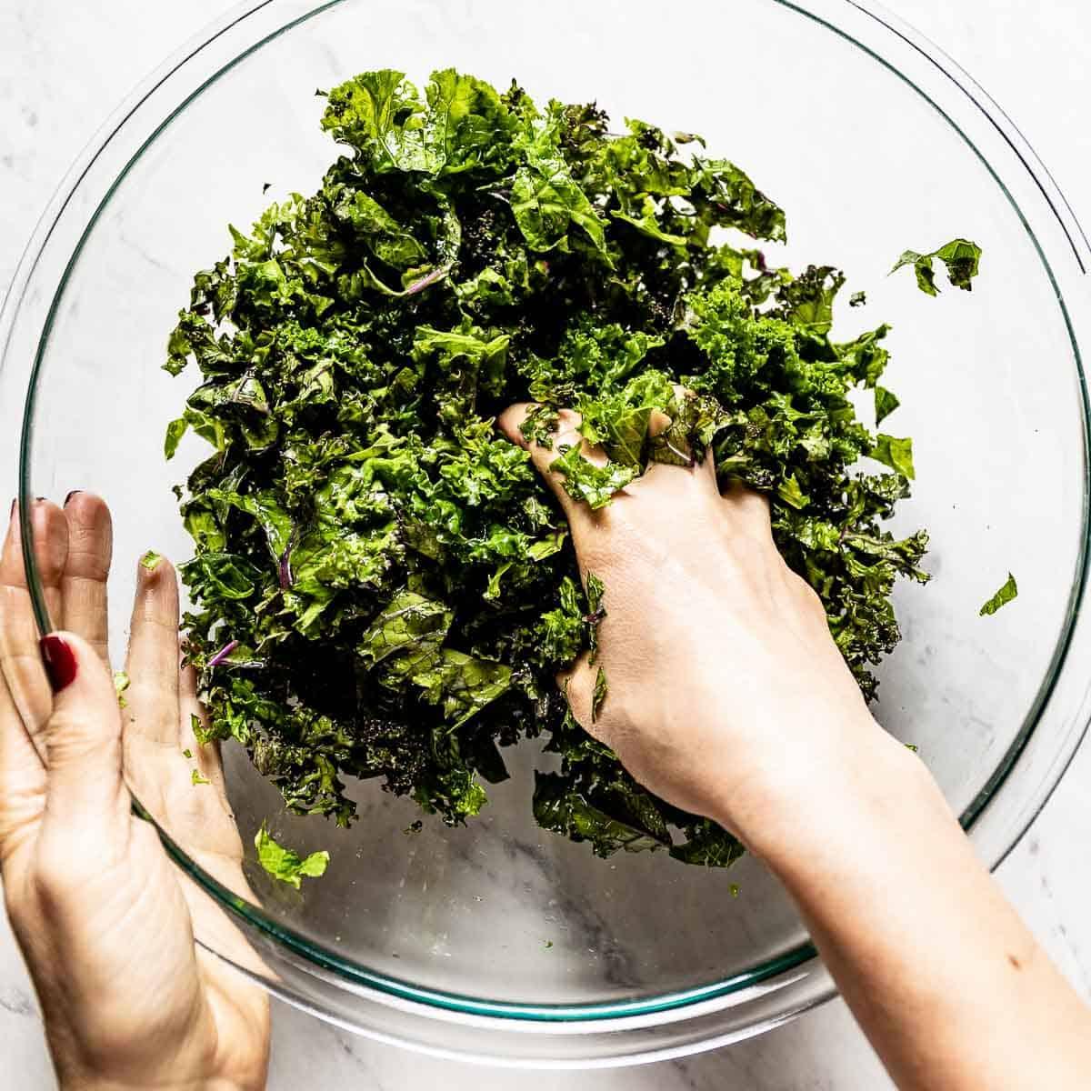 hands massaging kale leaves