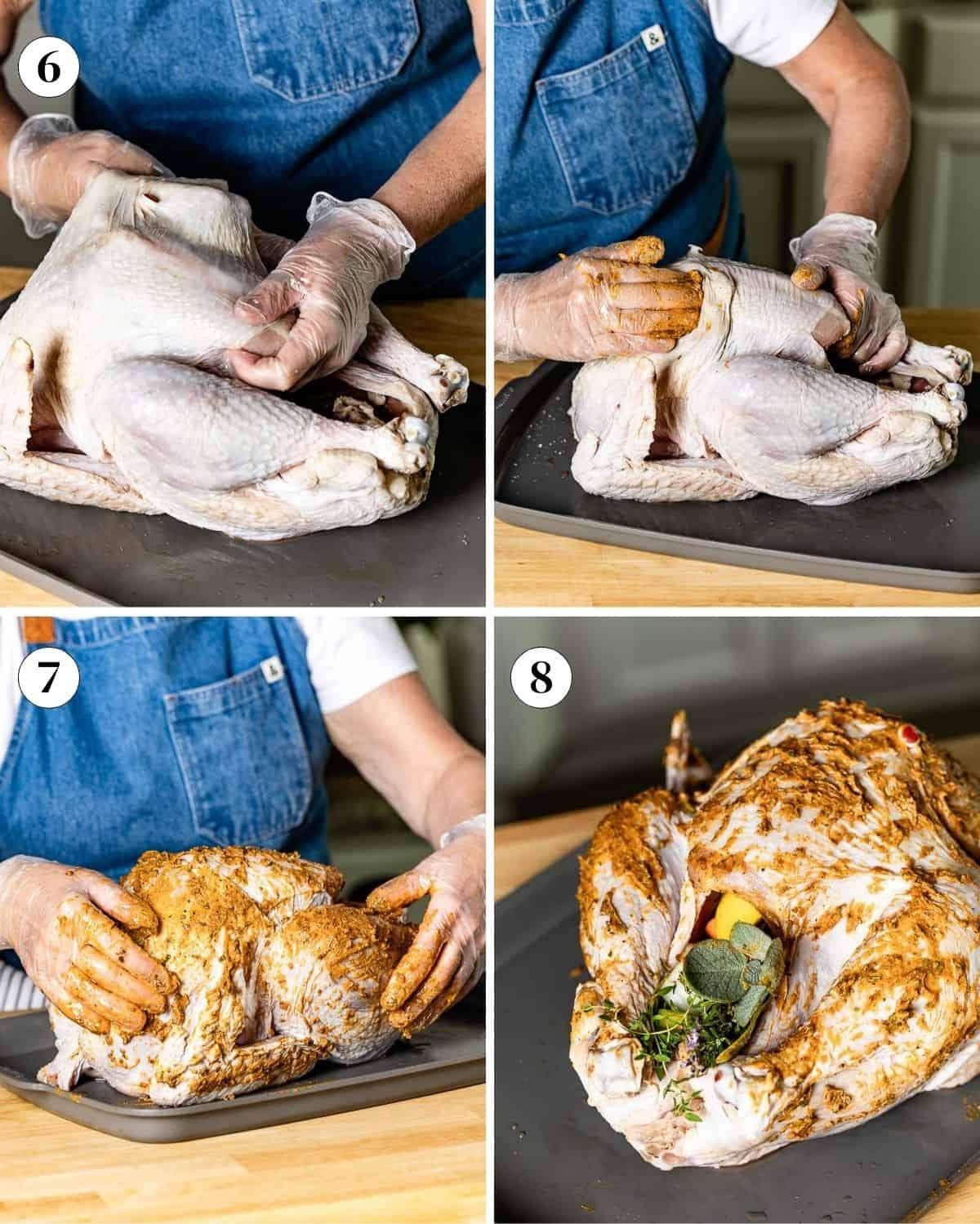 Hands preparing turkey breast, rubbing herbs onto the skin