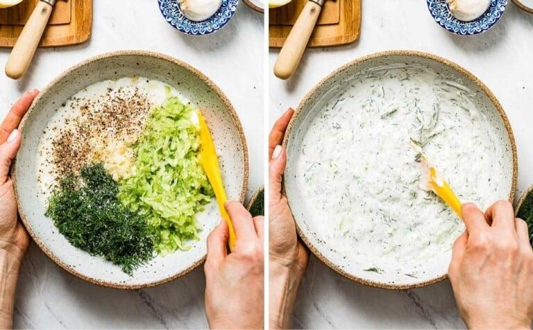 a person enjoying tzatziki sauce with a variety of foods