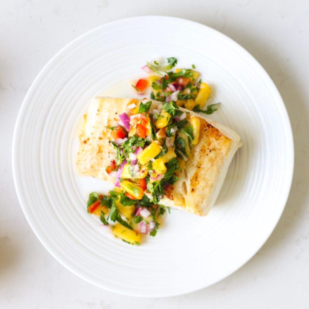 sautéed halibut with mango salsa and coconut rice
