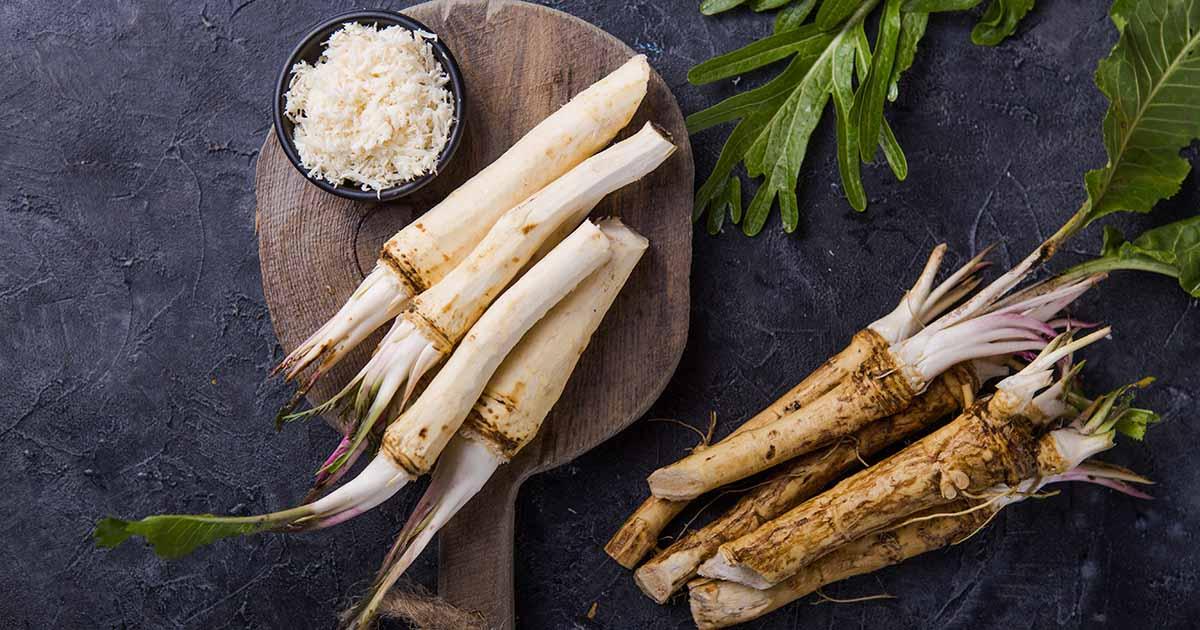 close up of radish, horseradish, and garlic peels