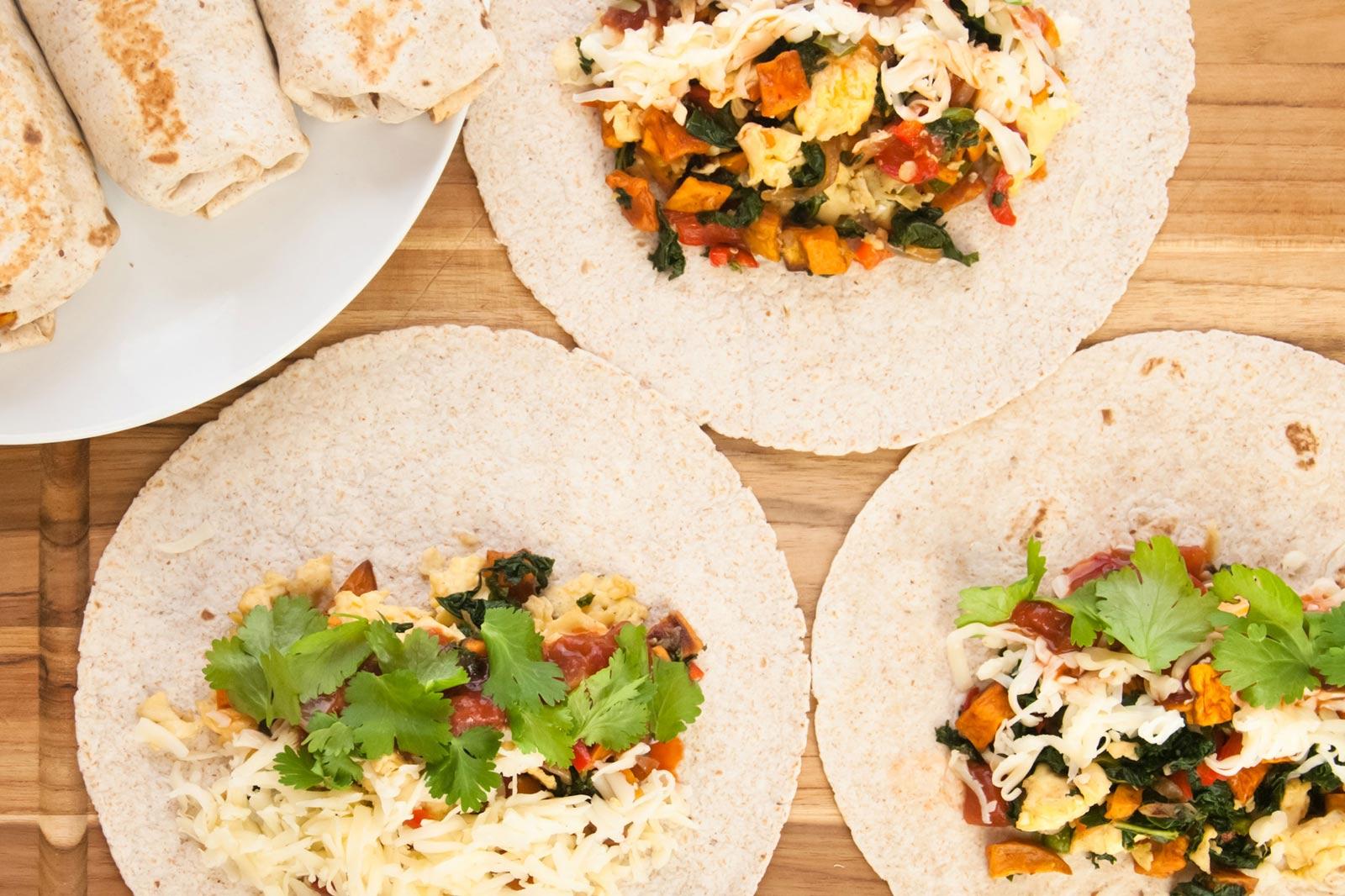 roasted sweet potato and kale burritos