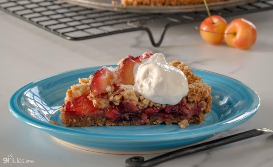 close-up of a slice of dairy-free plum tart