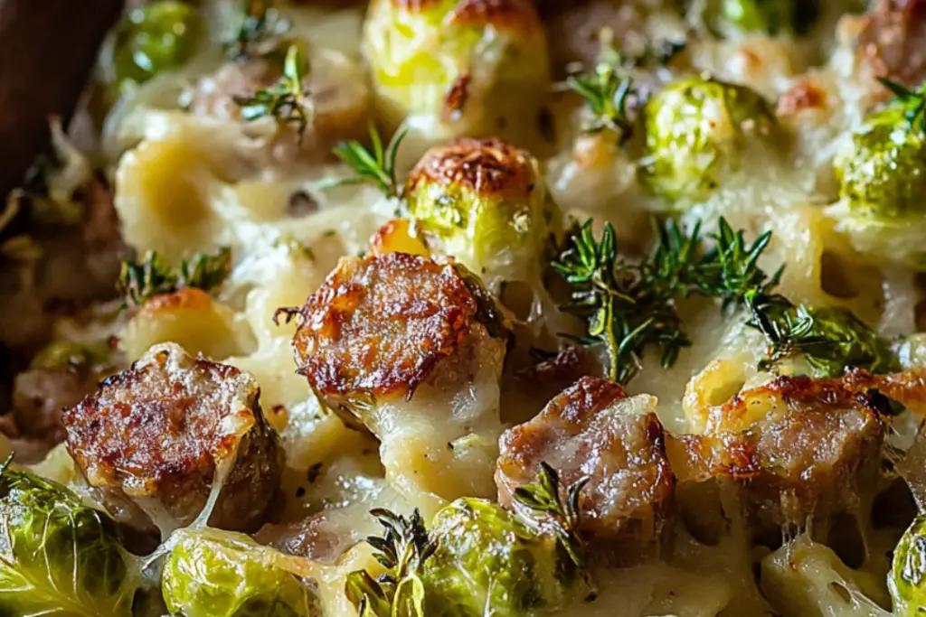 A family enjoying a hearty dinner together, with the sausage and brussels sprout casserole as the centerpiece