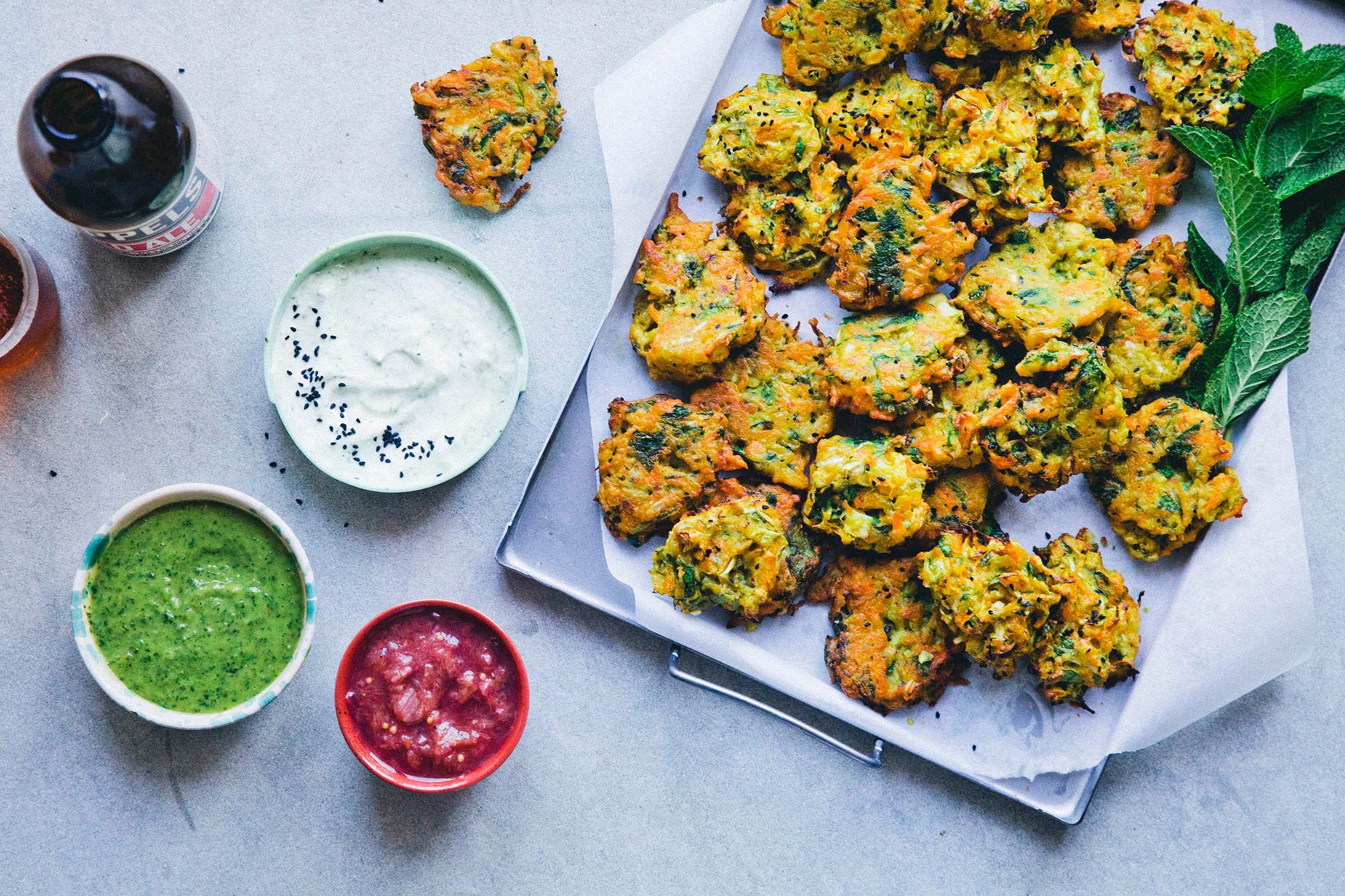 plant-based meatball pakoras being served with chutney