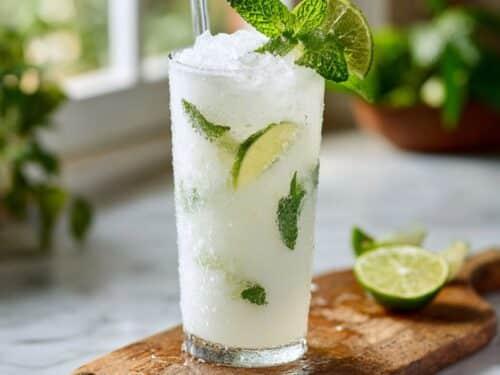 close-up of a frosted glass of coconut mojito with condensation, garnished with mint and lime