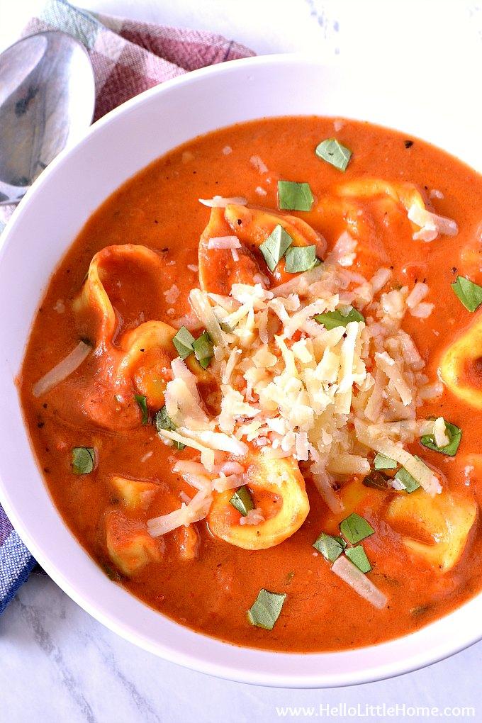 close-up shot of creamy tomato tortellini soup with various toppings