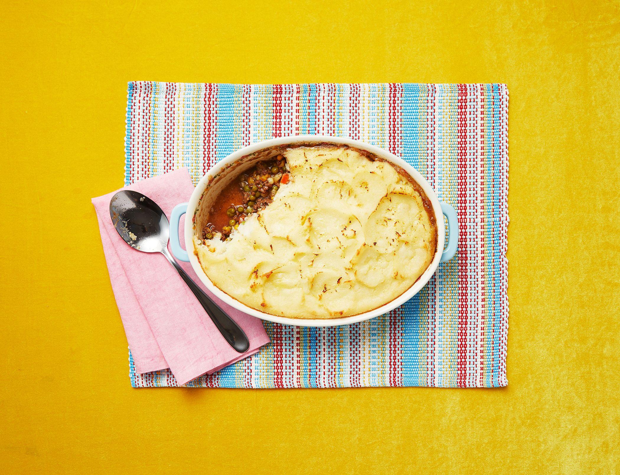 A portion of the freezer-friendly shepherd's pie in an individual baking dish.