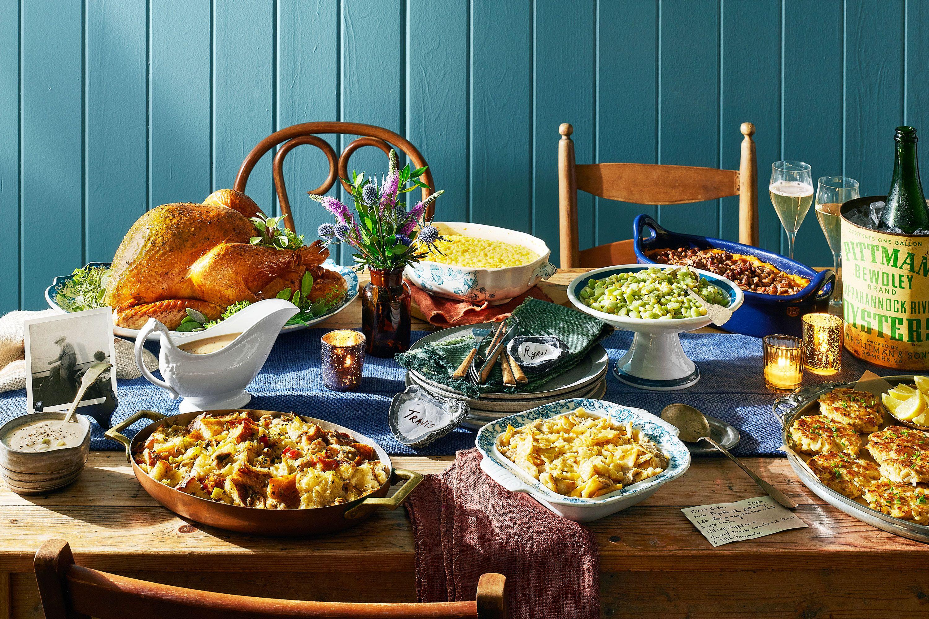 table full of thanksgiving food