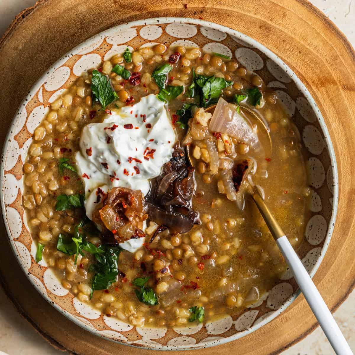 bowl of barley and lentil dal with fresh herbs