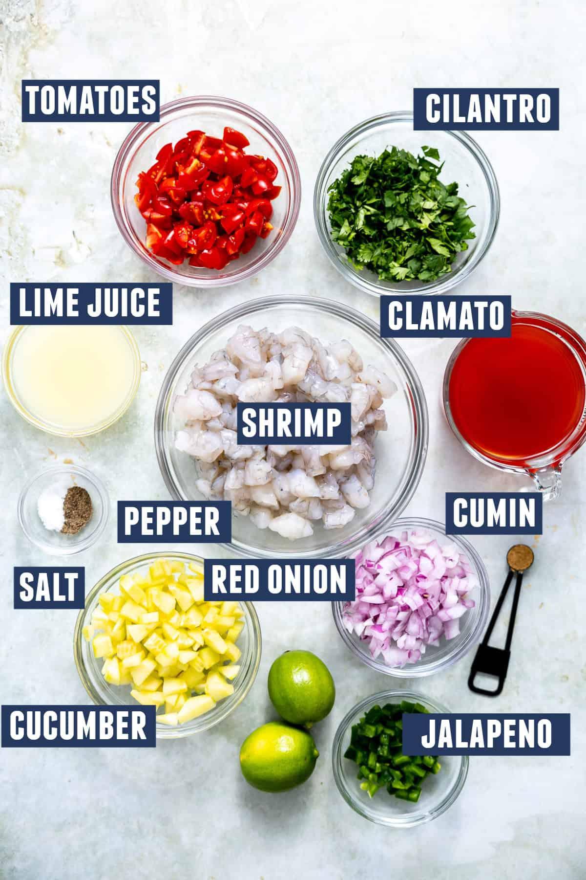 ingredients for coconut lime shrimp ceviche: shrimp, coconut, lime, cilantro, red onion, jalapeno