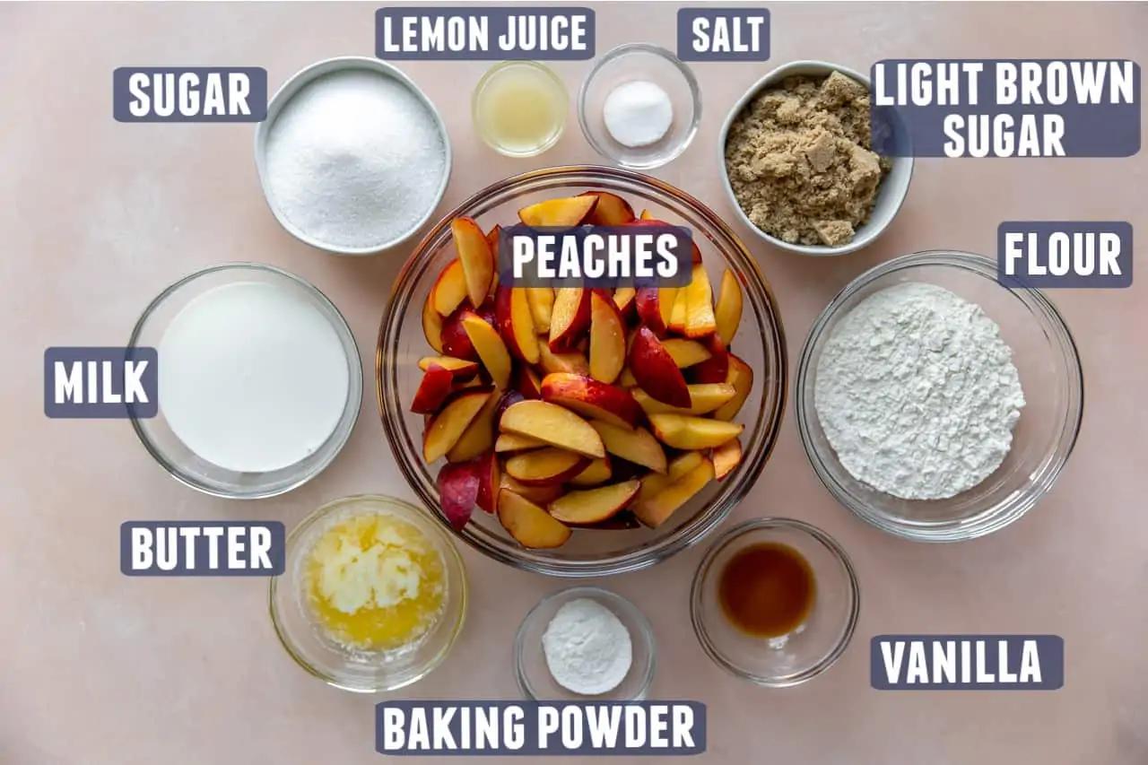 ingredients for peach cobbler sushi laid out on a counter