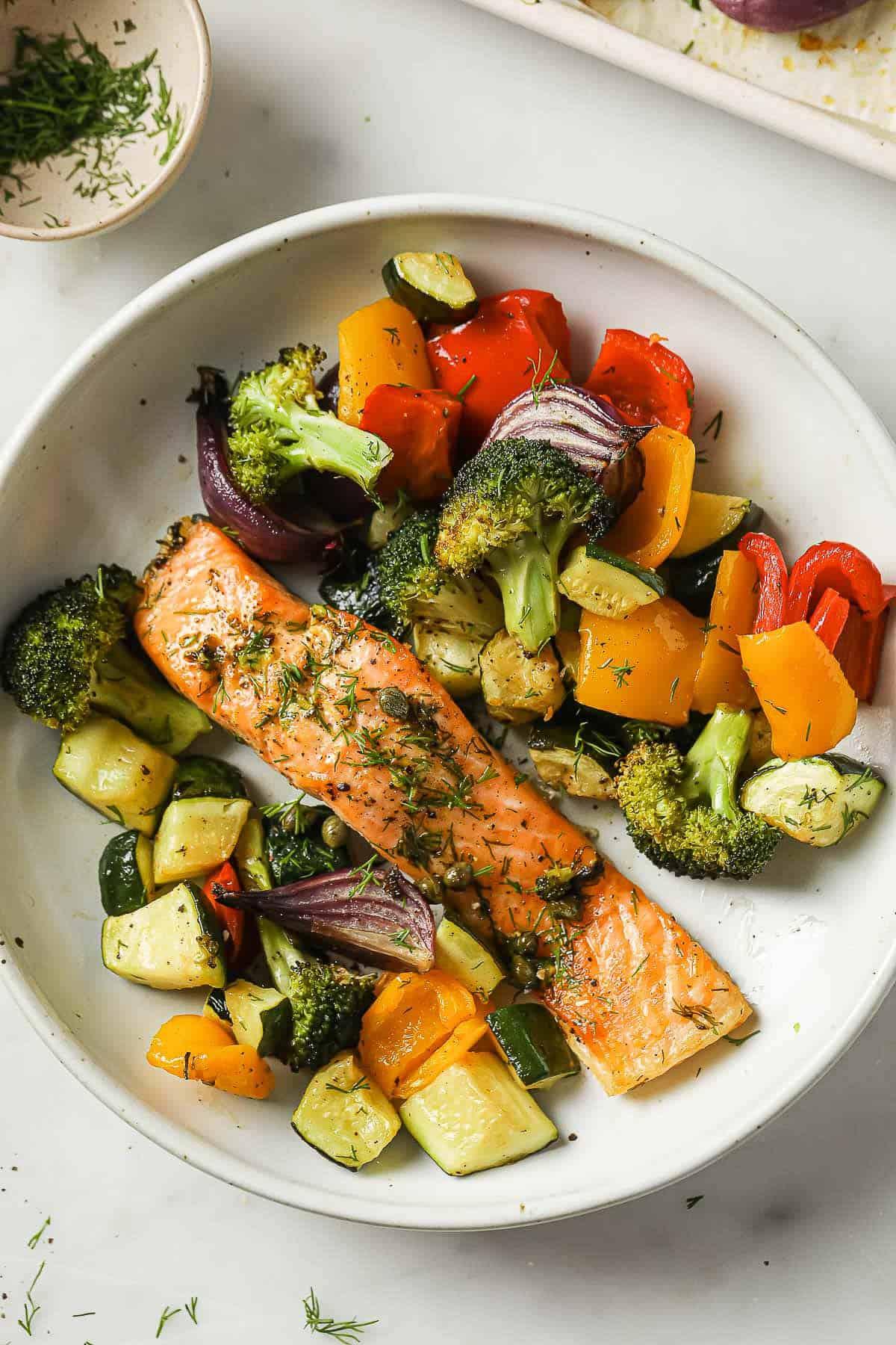 sheet pan salmon with lemon pepper and roasted vegetables