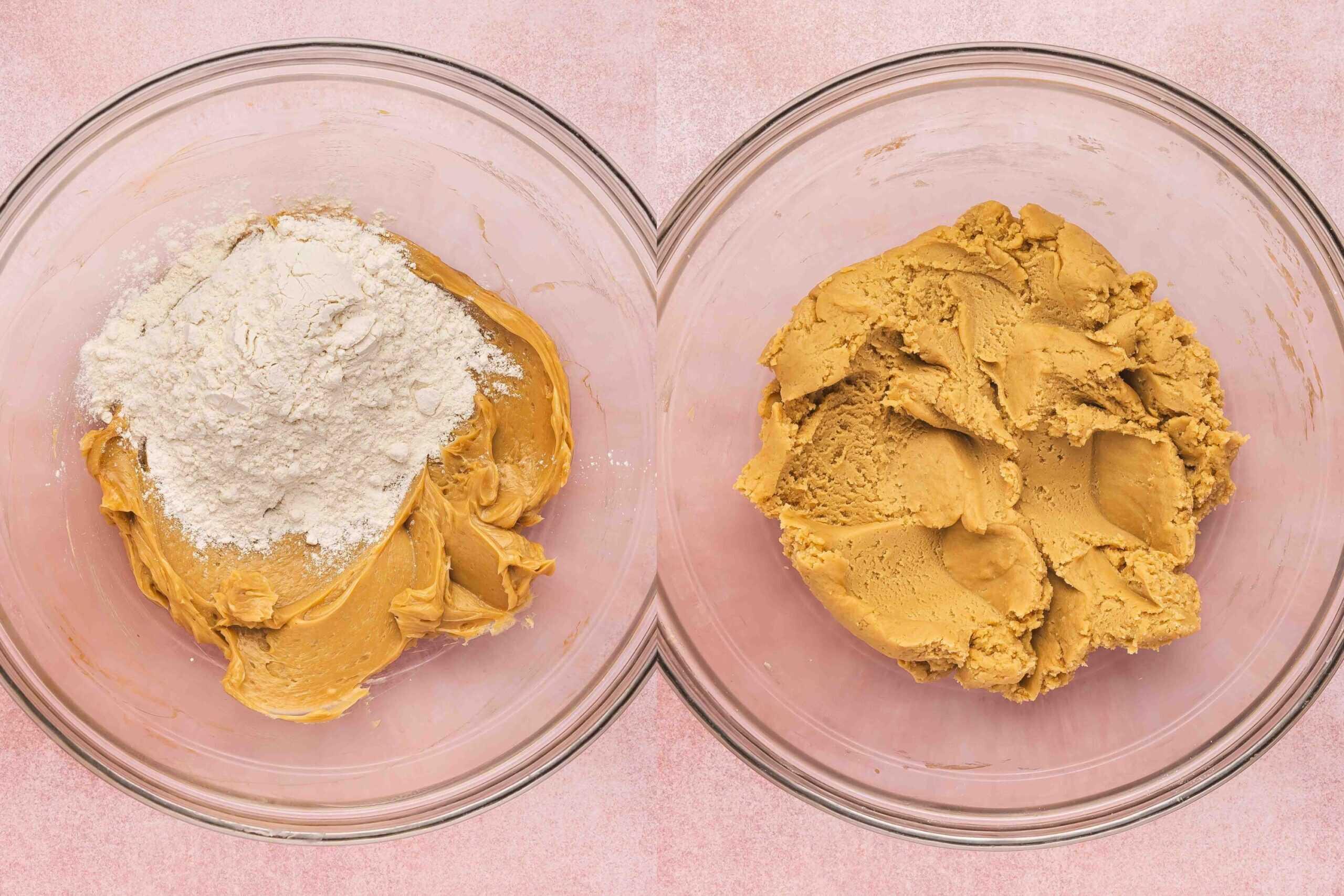 Hands mixing espresso-infused shortbread dough in a large bowl, close-up of ingredients
