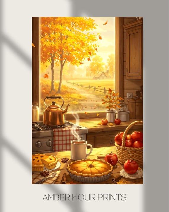 Autumn kitchen scene with baking ingredients and pumpkin pie