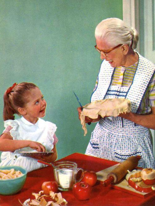 Vintage style photo of a grandmother and grandchild in a kitchen preparing sweet potato casserole, warm and nostalgic ambiance