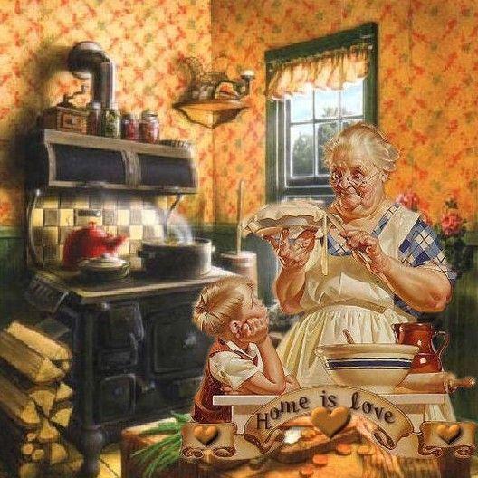 vintage photo of a grandma cooking with a child, warm kitchen lighting