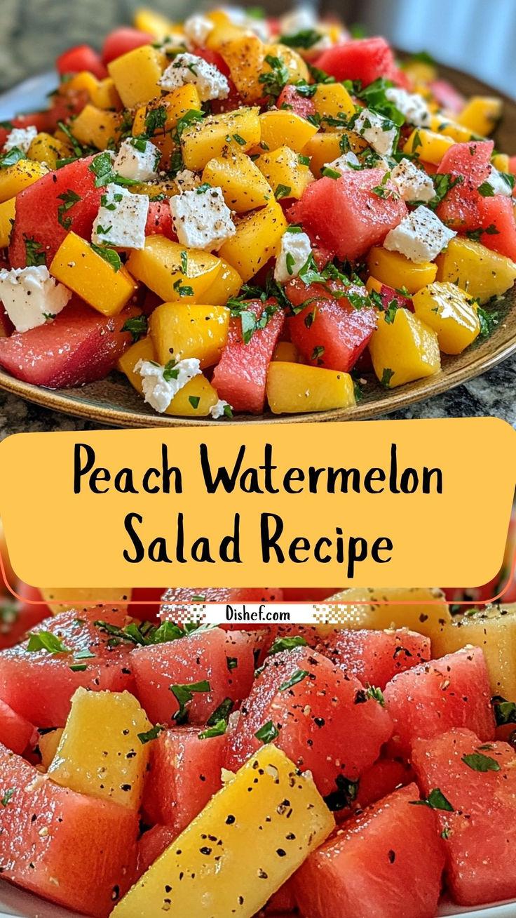 bright and colorful watermelon peach and mint salad in a bowl