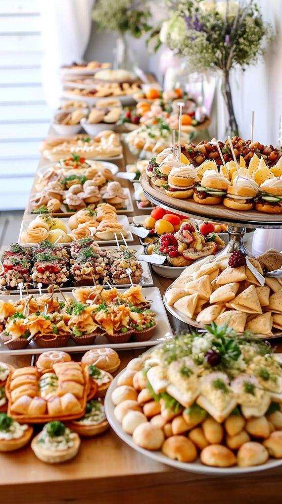 bridal shower table with a variety of finger foods