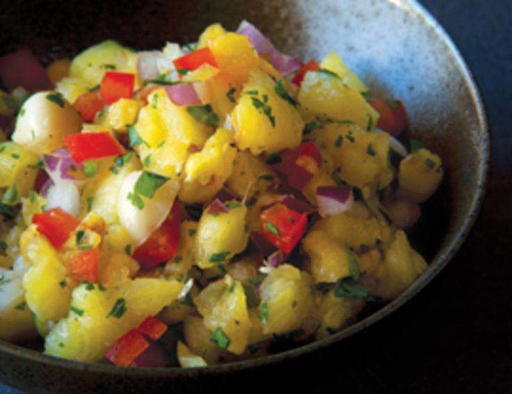 close up of macadamia nut and pineapple salsa