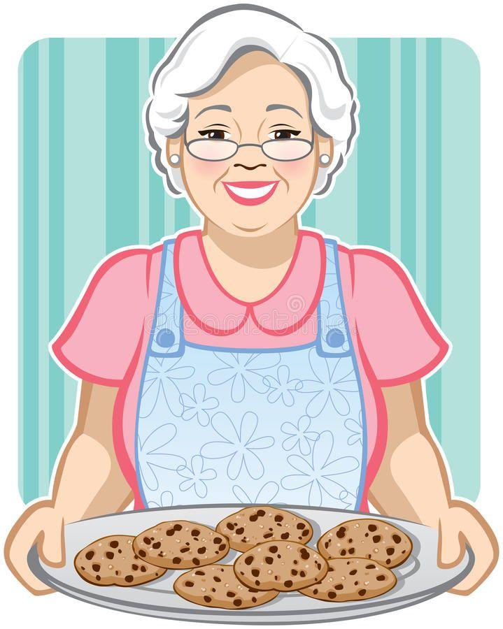 a smiling grandma holding a plate of chocolate chip cookies