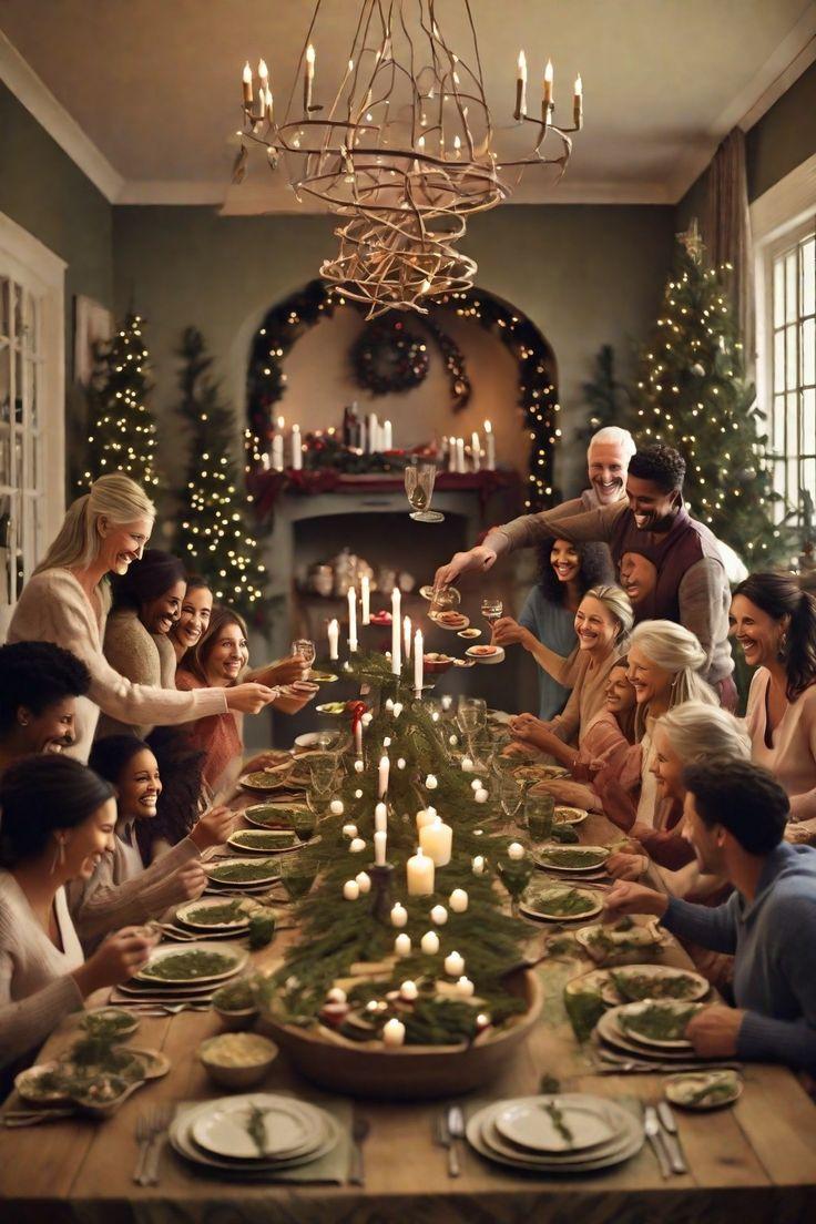 Happy family gathered around a festive holiday table with various appetizers.