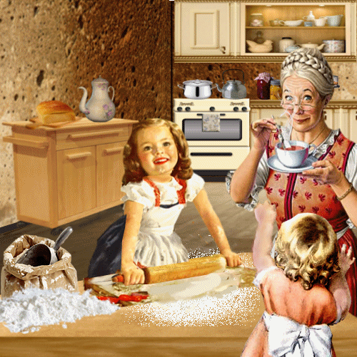 vintage kitchen scene with grandma and child baking cookies
