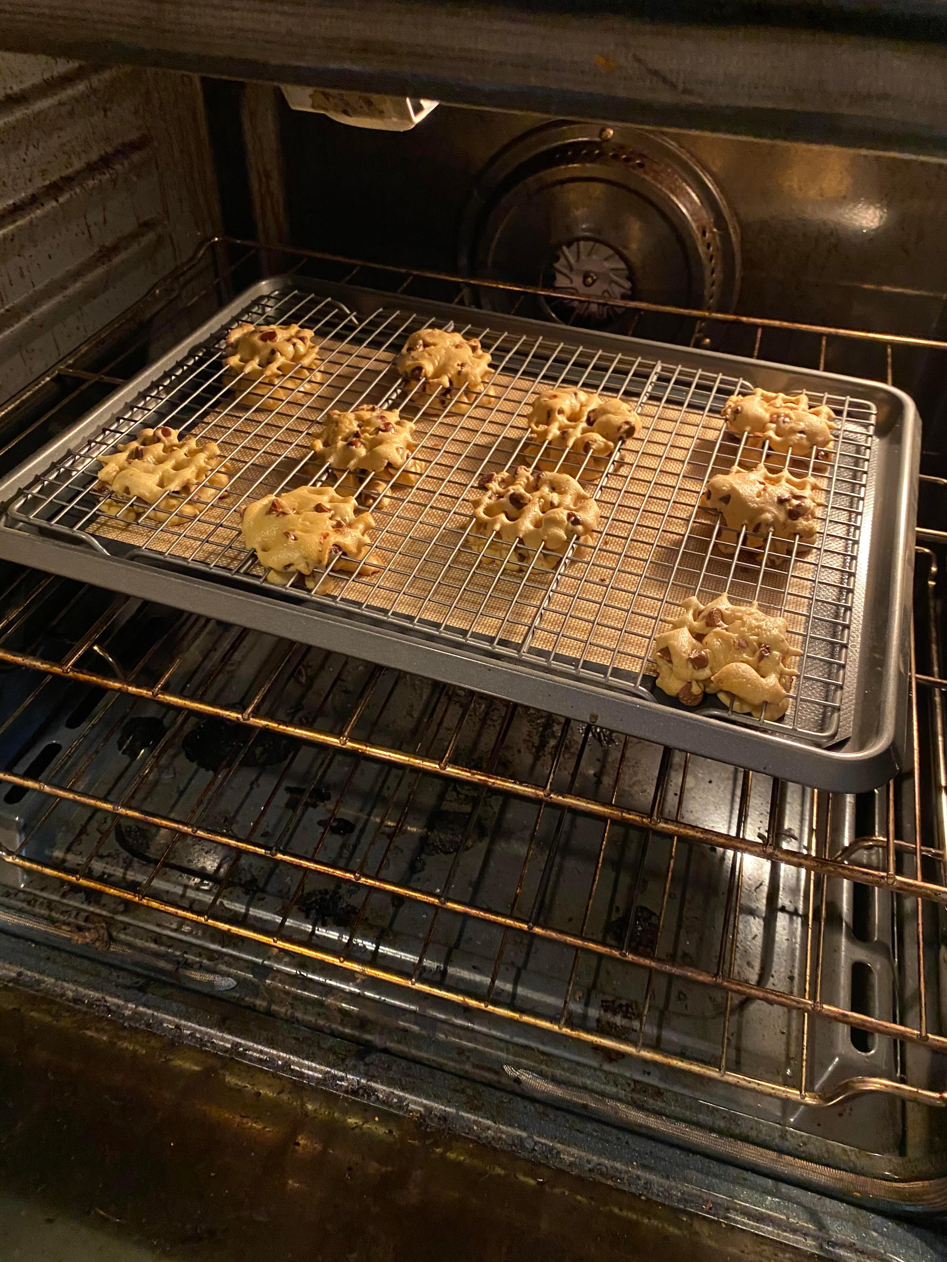 chocolate chip cookies cooling on a wire rack