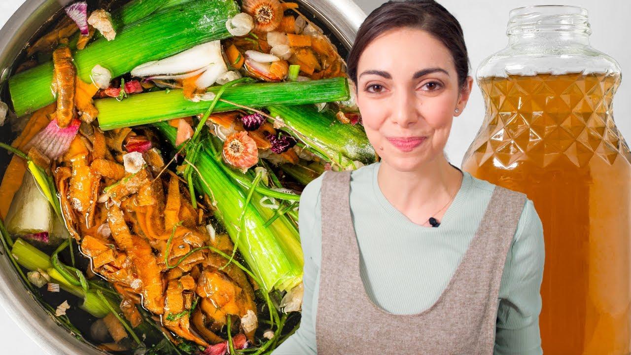 woman happily preparing vegetable scraps for broth