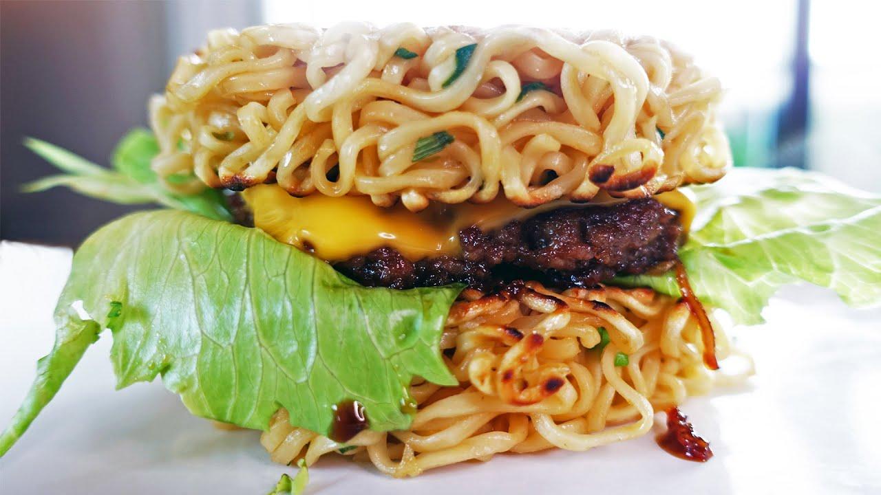 Filipino Adobo Ramen Burger with a runny egg and green onions