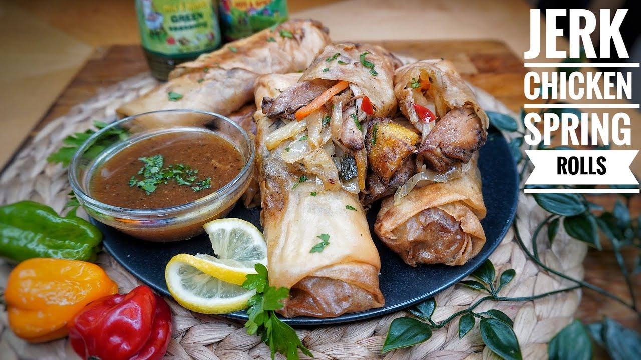 Jerk Chicken Spring Rolls with Tamarind Sauce on a plate