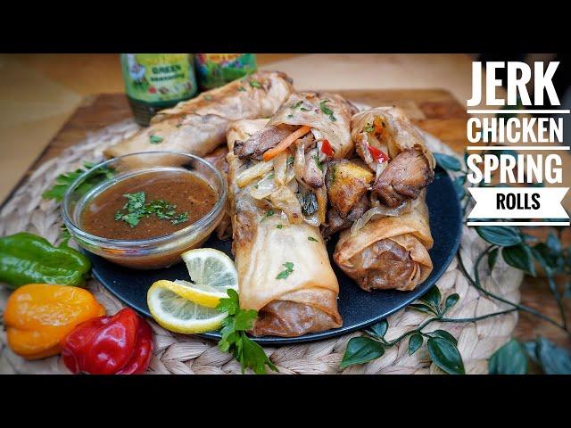 Ingredients for Jerk Chicken Spring Rolls laid out on a counter