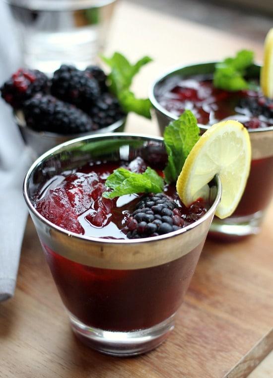 close up glass of blackberry mint lemonade